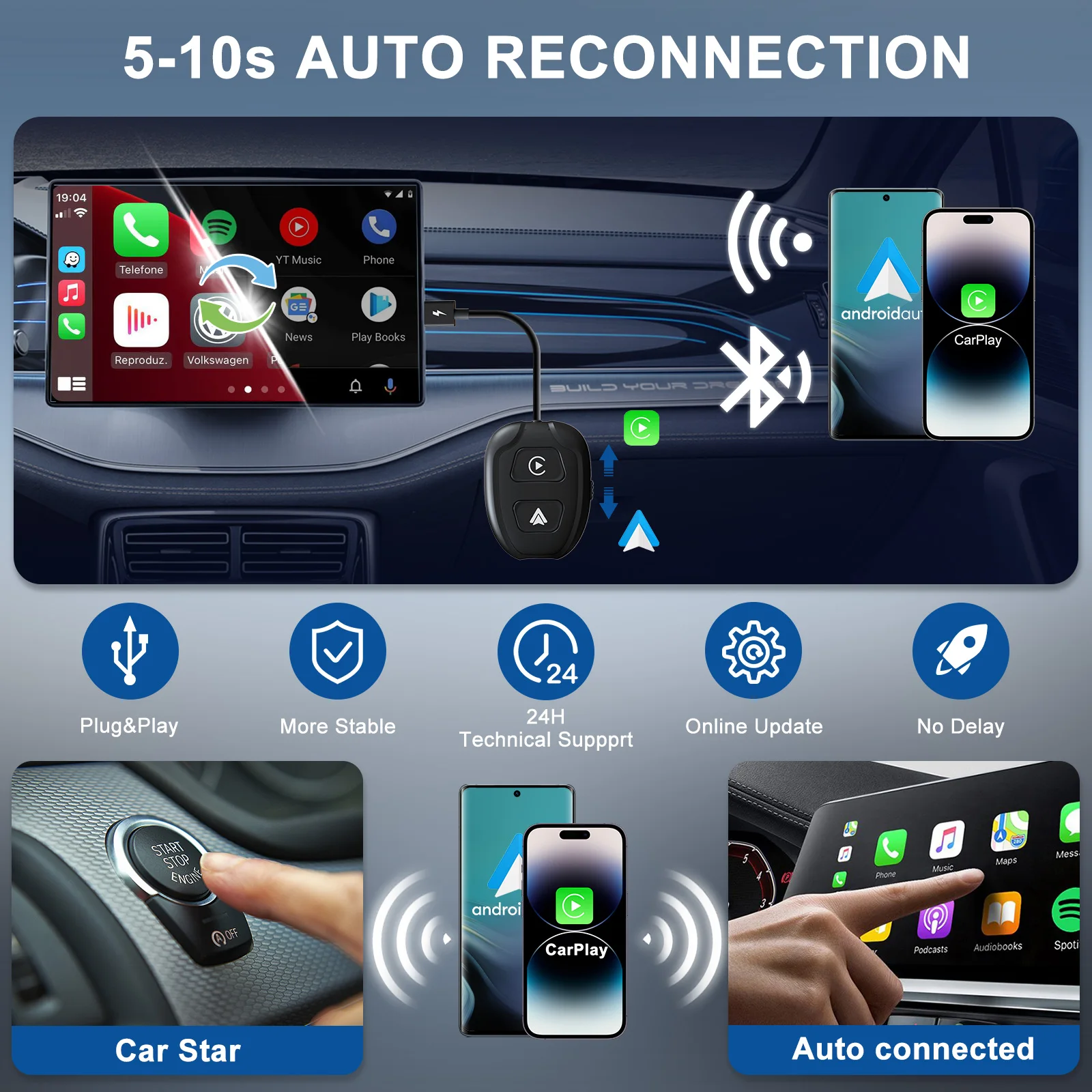 Wireless Android Auto & Apple CarPlay 2 in 1 Adapter, Wireless Adapter for Factory Wired CarPlay Cars