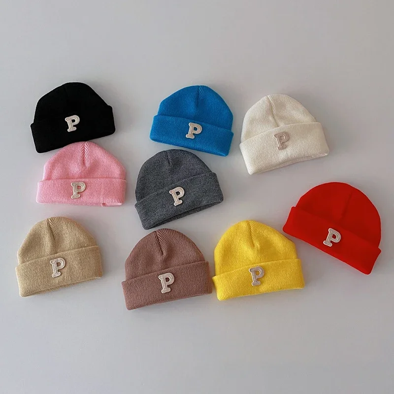 Baby Thermal White Letter P Beanies Caps Autumn Winter Korean Fashion Kids Knit Wool Warm Hats for Newborn Infant Boys Girls