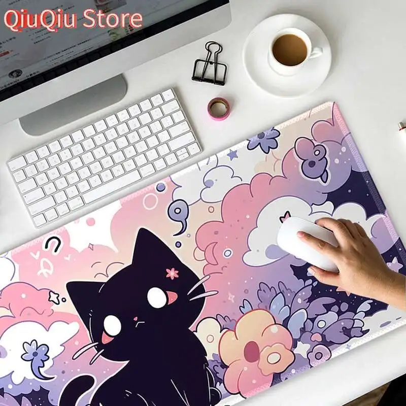 حصيرة مكتب لطيفة على شكل قطة سوداء، لوحة ماوس مضادة للانزلاق على شكل قطة كرتونية، لوحة ماوس ممتدة، لوحة ماوس كبيرة للألعاب بحافة مخيطة، وسادة مكتب #2