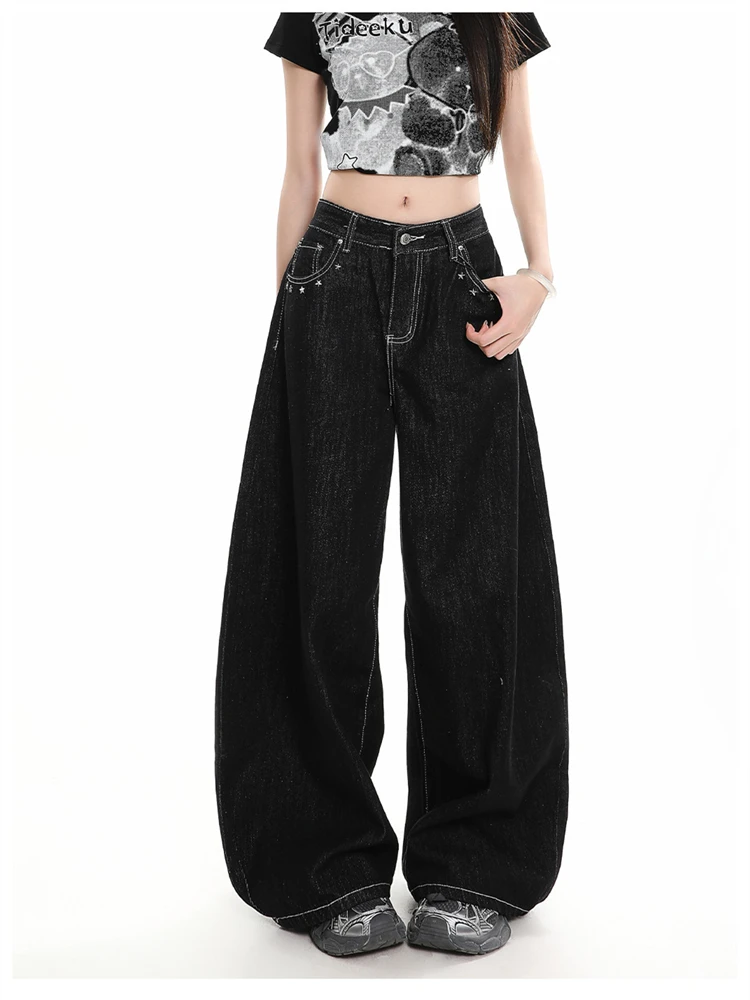 Women's Wing Print Black Jeans Y2k Casual Pants Unisex Bottoms Vintage Wide Leg 90s Sweatpants Female High Waisted Trousers