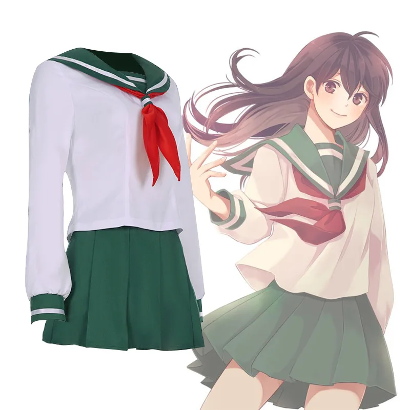 ชุดเครื่องแบบชุดคอสเพลย์ผู้หญิงผู้หญิงหญิงสาวอนิเมะ Inuyasha Kagome Higurashi ชุดเสื้อสูทกระโปรงชุดเทศกาลฮาโลวีนสำหรับผู้ใหญ่