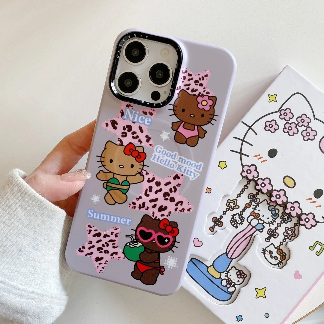 럭셔리 레오파드 비키니 헬로 키티 전화 케이스 아이폰 15 14 프로 맥스 Magsafe 무선 충전 충격 방지 뒷면 커버 Funda ﻿