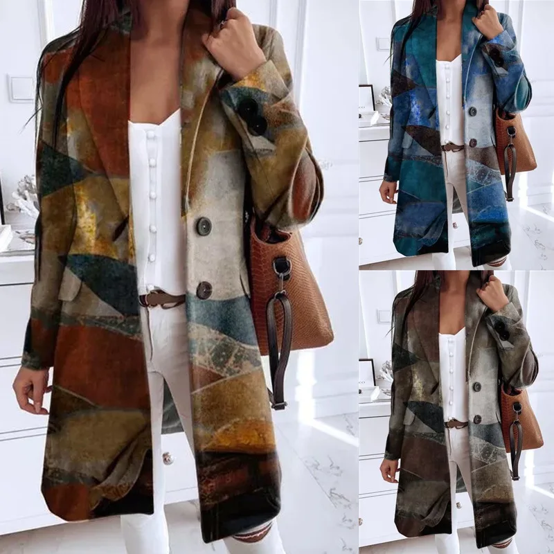 

Autumn Winter New Fashion Printed Women Casual Loose Woolen Coat Simple Suit Collar Female Commuting Coats