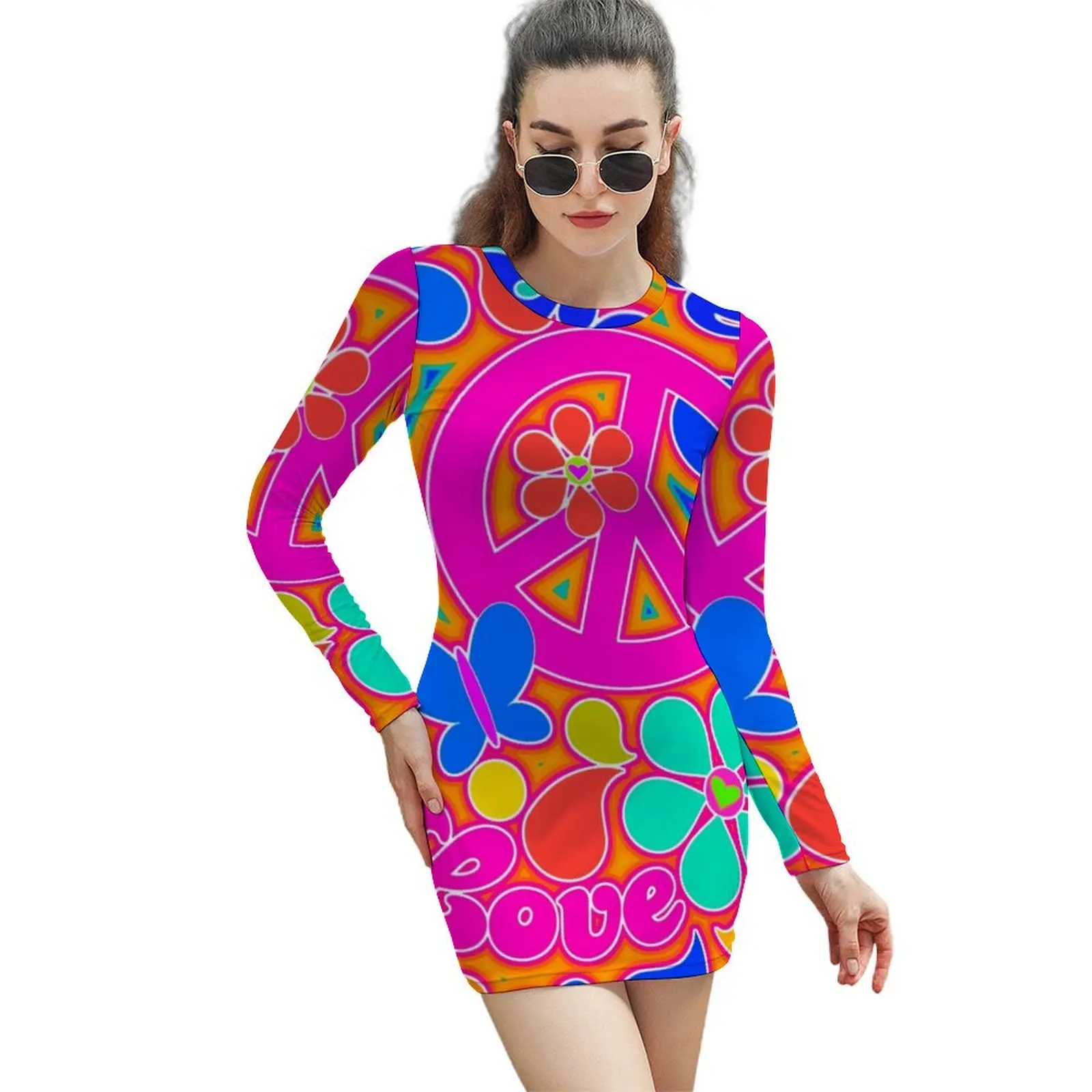 

Bright Pop Art Colorful Peace and Love Flower Power Art Long-Sleeved Sheath Dress evening dresses women dress women summer