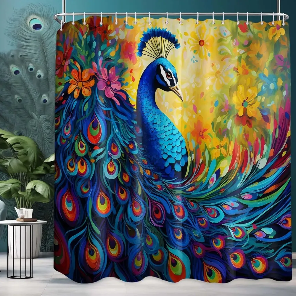 

Занавеска для душа с принтом павлина, акварельный рисунок синих птиц и цветов, декор для ванной комнаты