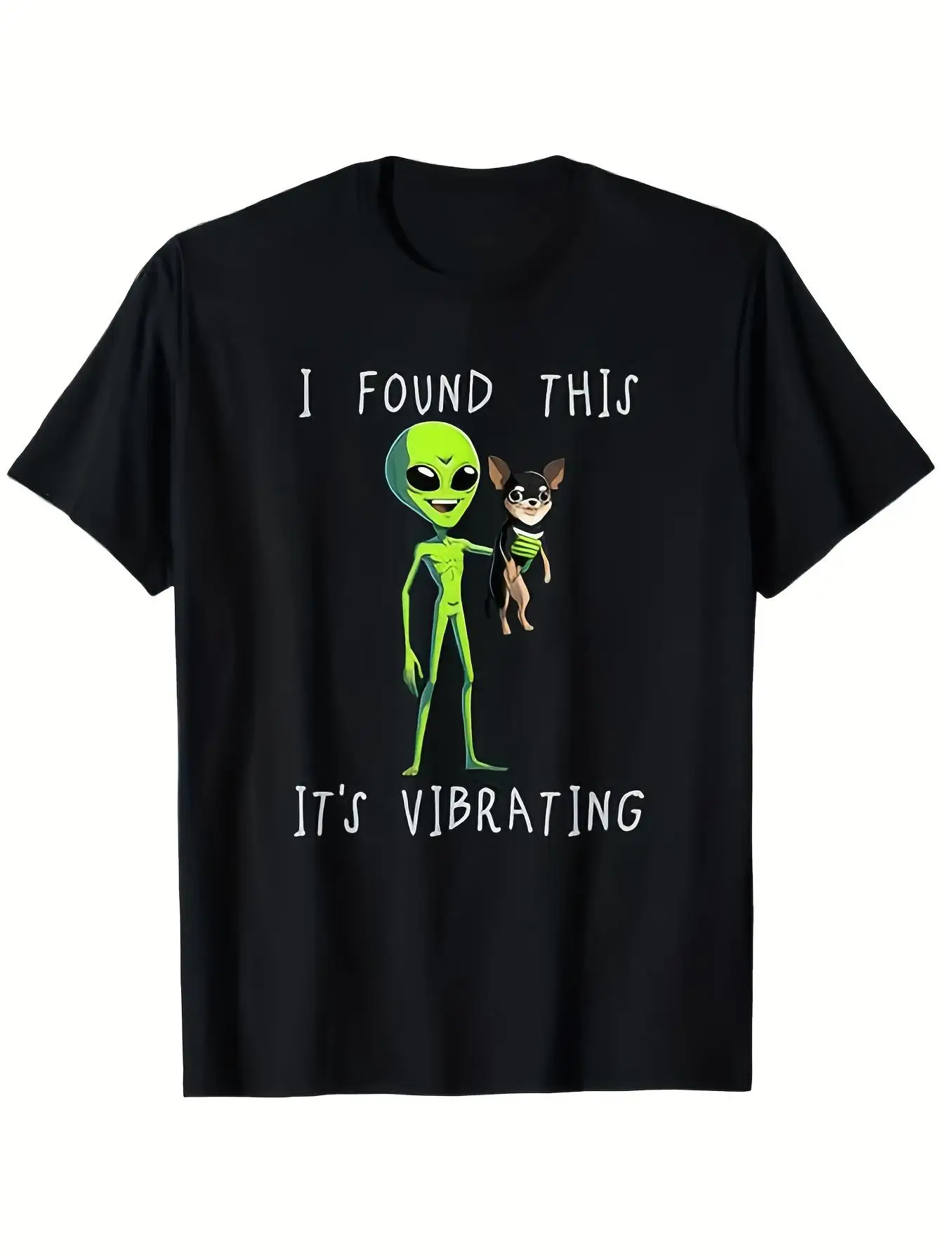 A Fun Patterned T-shirt Showing An Alien and A Chihuahua Dog, Perfect for Everyone. This Comfortable and Breathable Shirt Features A Crew Neck Design and Is Machine Washable, Making It Perfect for Everyday Use