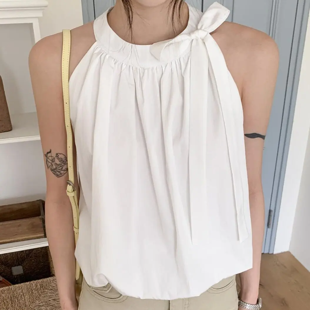 

Sexy Elegant Shoulder Bared Sleeveless Vest for Women Gentle Neck Hanging Design Dongda Gate Style round Neck Thin Fabric Shirt