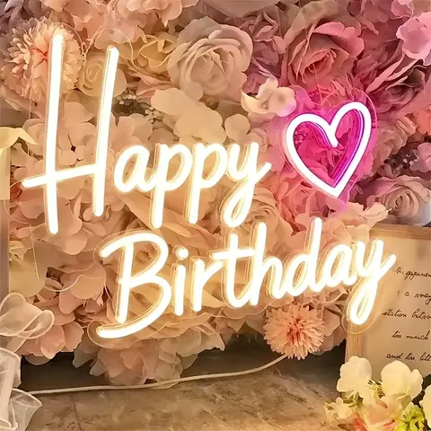 생일 축하 네온사인 레터 아트 밝은 LED 플라스틱 레터 하트 아트 데코 생일 축하 및 방 벽 장식용