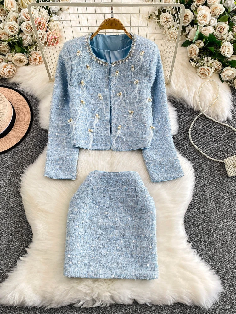 Французский стиль, тяжелая промышленность, украшенные бриллиантами, бусины для ногтей, круглый вырез, украшение из перьев, куртка с блестками, короткая юбка, комплект из двух предметов