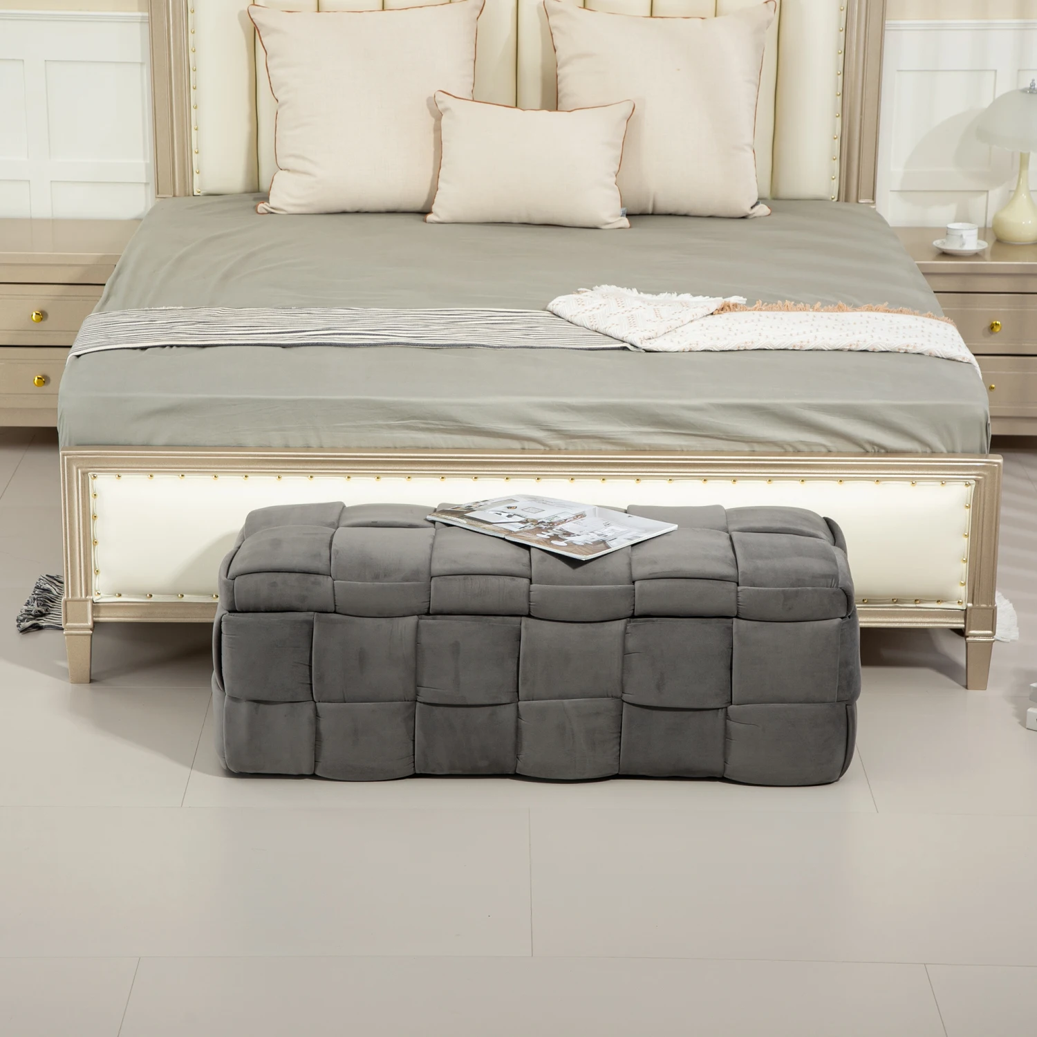 COOLMORE Gray Fabric Storage Ottoman Bench - Bedroom & Living Room End Bench with Safety Hinge & Padded Footstool