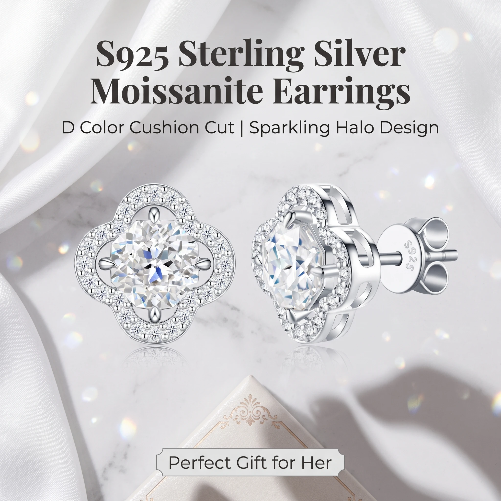 Dainty S925 Silver Four‑Leaf Clover Stud Earrings, D‑Color Cushion Cut Moissanite, Sparkling Halo Design, Jewelry Gift for Ladie