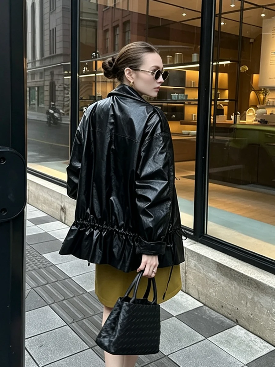 LIMO  Women Glossy Faux Leather Jacket Stand Collar Drawstring Waist LooseAdjustable Hem Windproof Streetwear Casual Outerwear