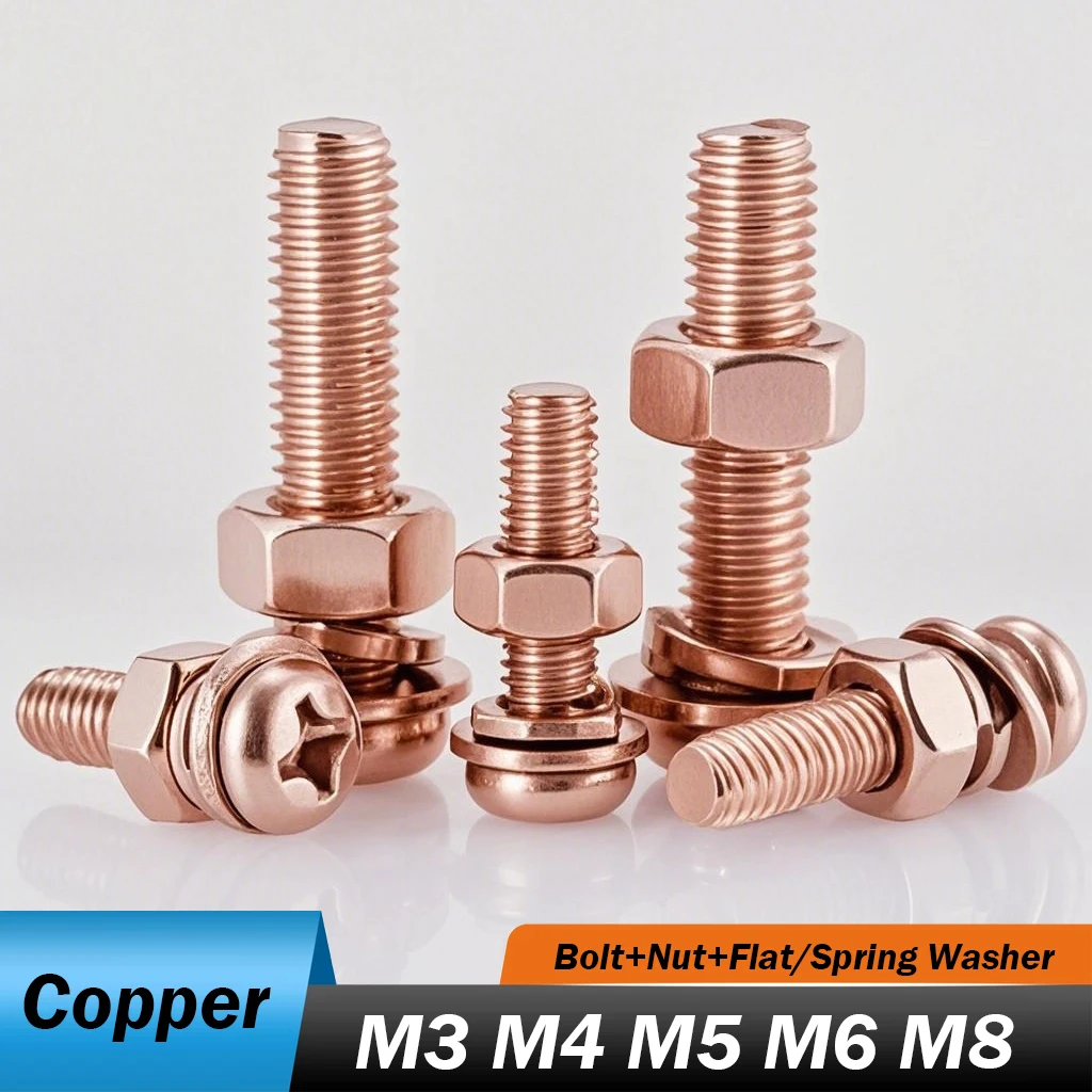 M3 M4 M5 M6 M8 Copper Round Pan Phillips Machine Screws Bolts Washer Hexagon Nut Set Length 5/6/8/10/12/16/20/25/30/35/40mm