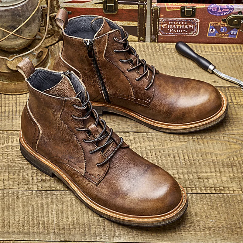 New Handmade Vintage British Men Real Leather Shoes Outdoor Work Ankle Tooling Boots Business Luxury Dresert Boots Motorcycle