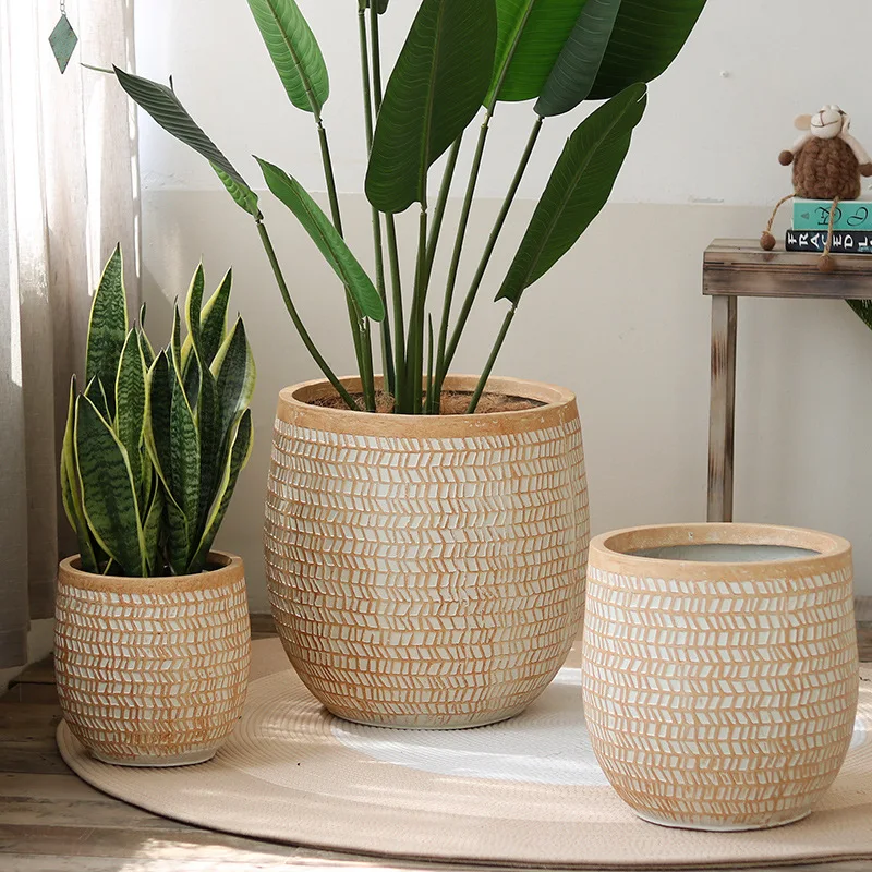 Retro magnesium mud flower pot with texture living room balcony shopping mall courtyard floor-to-ceiling large-diameter green