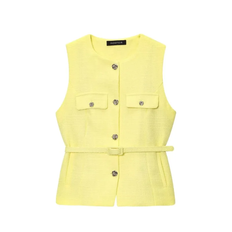 

HipSeam Women's Waistcoat With Belt Texture O Neck Sleeveless Front Button Female Outerwear Fashion Women Chic Tops