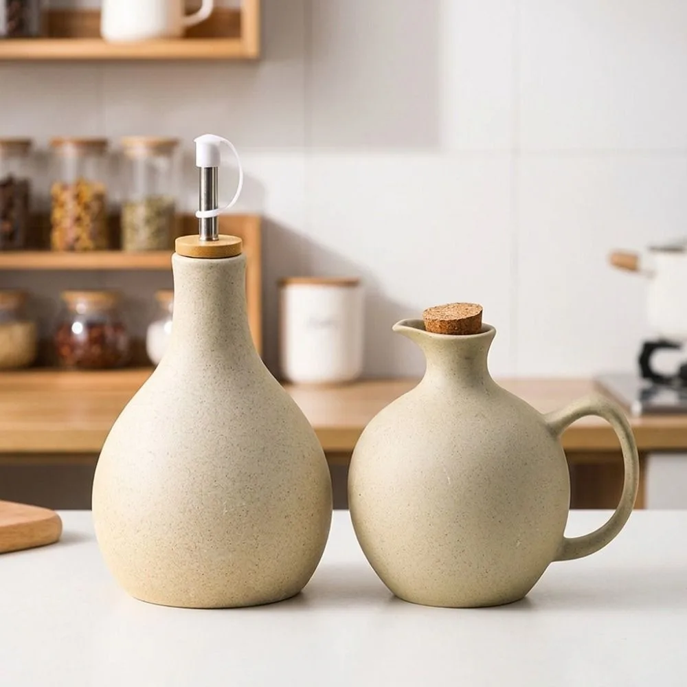 Coarse Pottery Japanese Style Minimalist Oil Pot Matte Beige Soy Sauce Bottle Vintage Seasoning Bottle Dinning Table view 4
