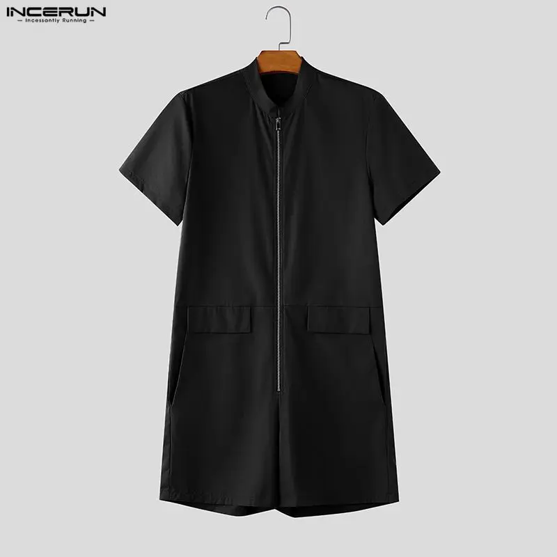 INCERUN Men's Jumpsuits Solid Zipper Stand Collar Short Sleeve Casual Male Romper Streetwear Summer 2026 Overalls For Man Shorts
