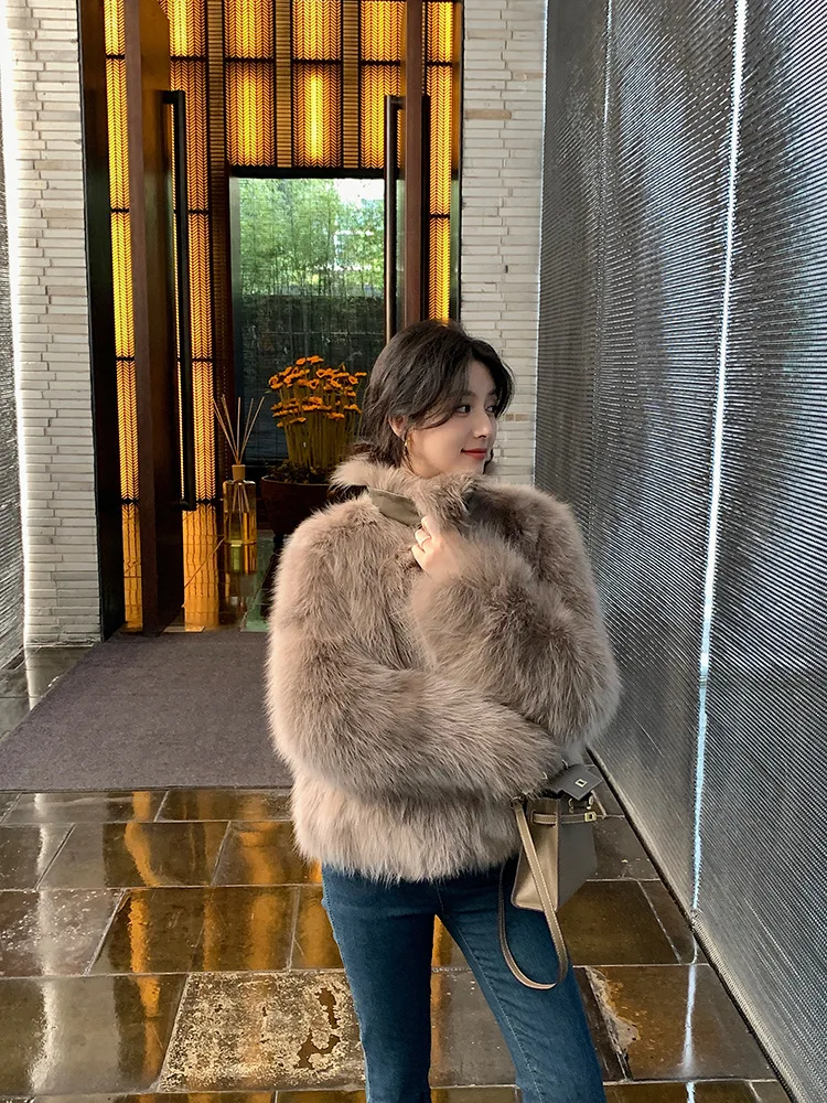 Women Faux Fox Fur Coats Solid Short Jackets Long Sleeves Turn Down Collar Open Stitch Loose Elegant Casual 2026 Autumn Winter