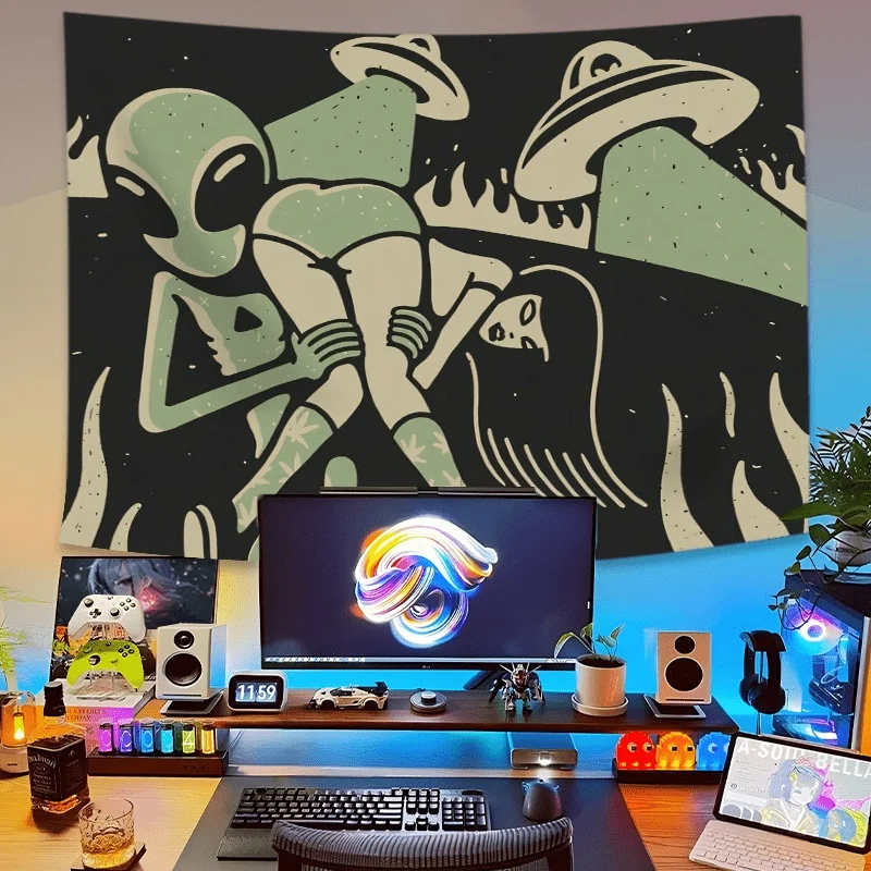 VIKAMA Sci-Fi-Wandteppich mit Alien-Motiven, Cartoon-Alien-Motive, geeignet für die Dekoration von Wohnzimmer, Schlafzimmer und Spielzimmer