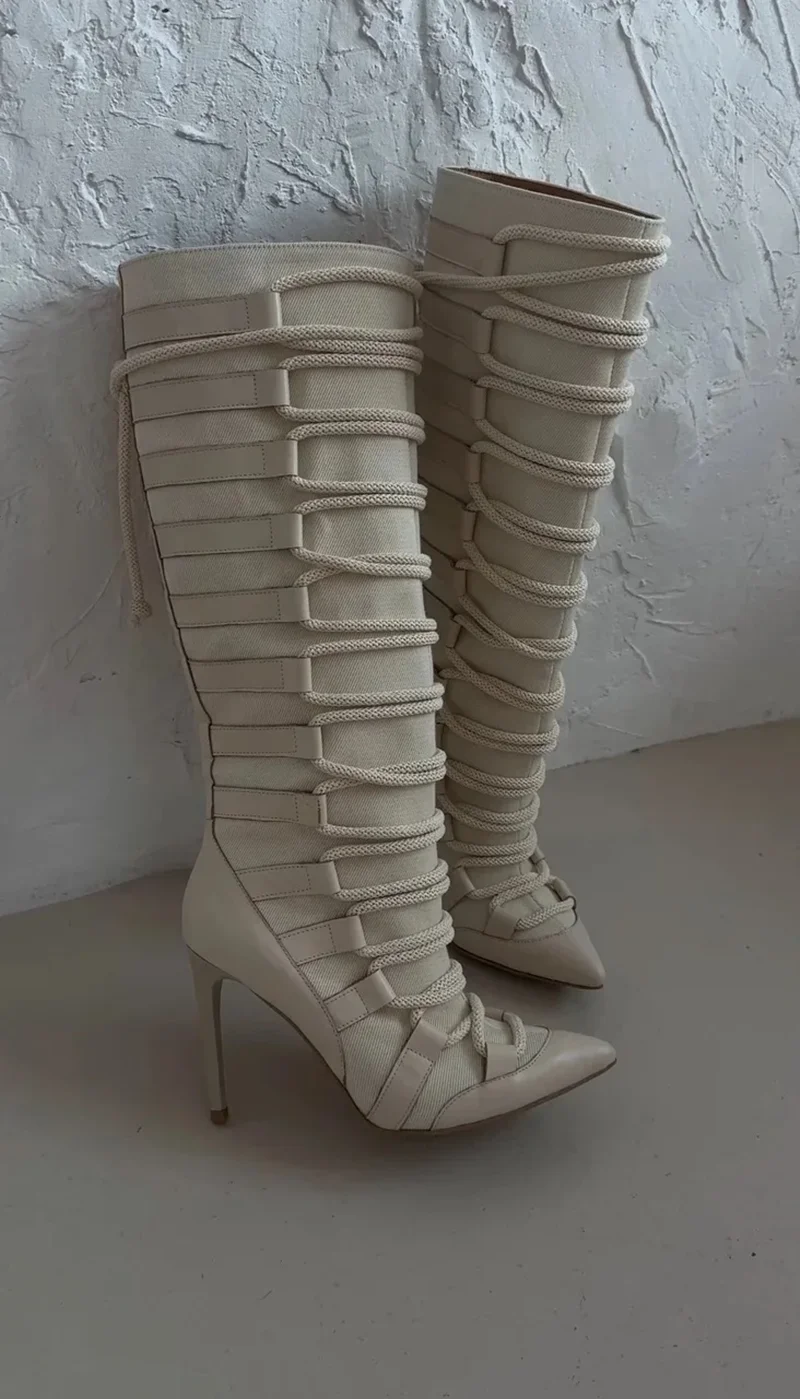 

Beige Lace-Up Stiletto Over-The-Knee Boots Elegant Pointed-Toe Design Intricate Rope Lacing Slim Woman's High Heels