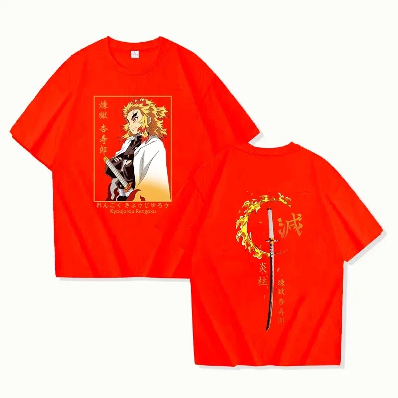 Camisetas de manga corta con estampado de Anime Demon Slayer Rengoku Kyoujurou para hombre y mujer, camisetas informales de verano Unisex, camisetas deportivas