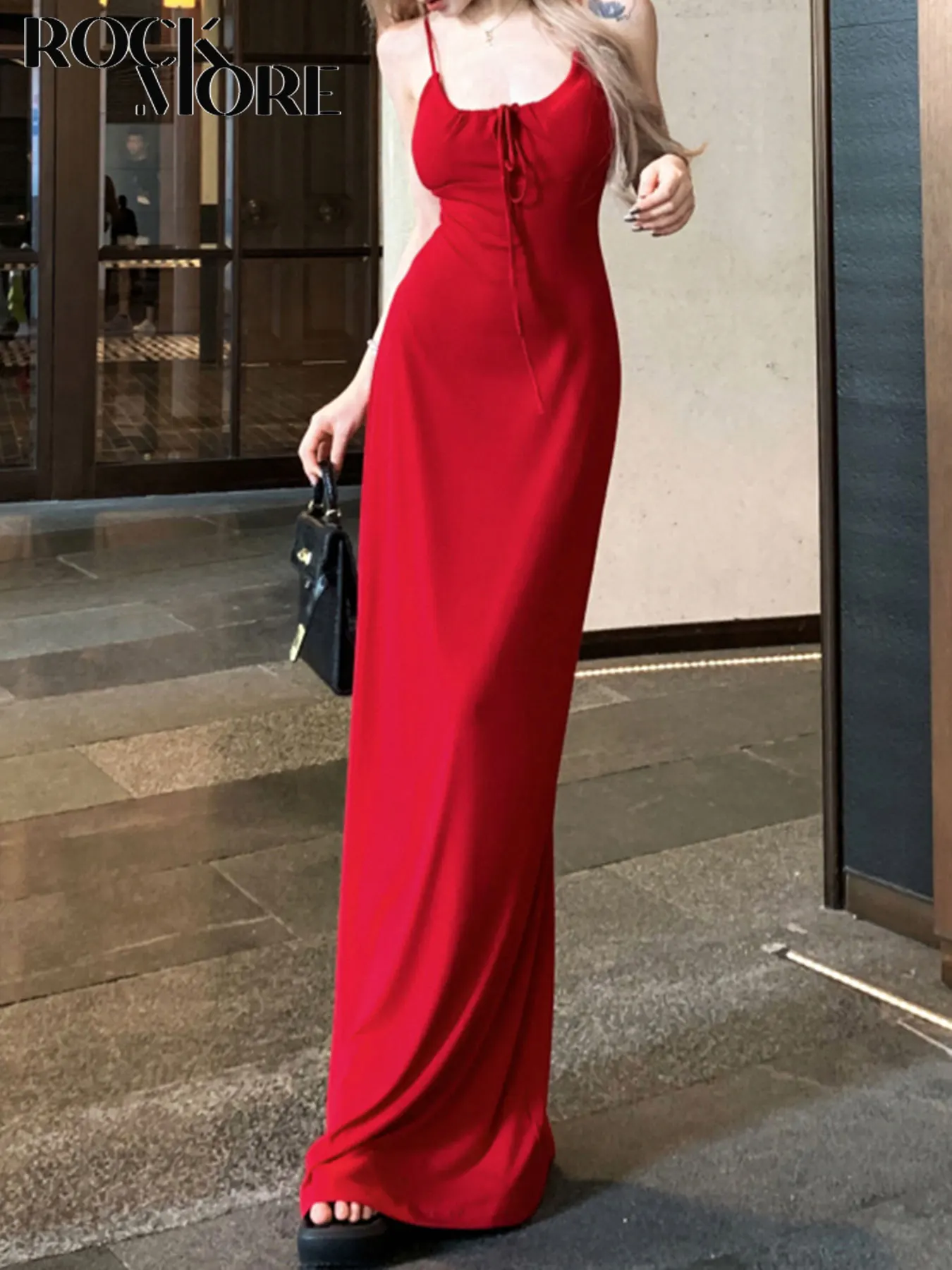 

Rockmore Ladies Slimming Long Dress With Bra Pads Sweet Hot Girl Red Strap Dress Elegant Luxury Backless Dresses Evening Gown