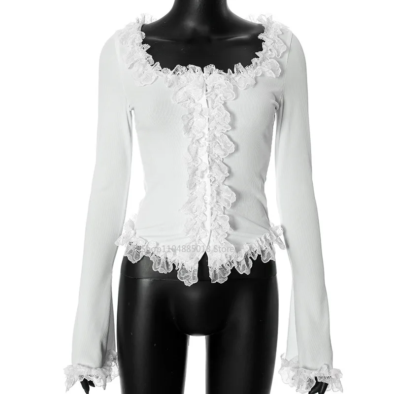 French lace women's tight fitting long sleeved T-shirt Slim fit design top White top for women