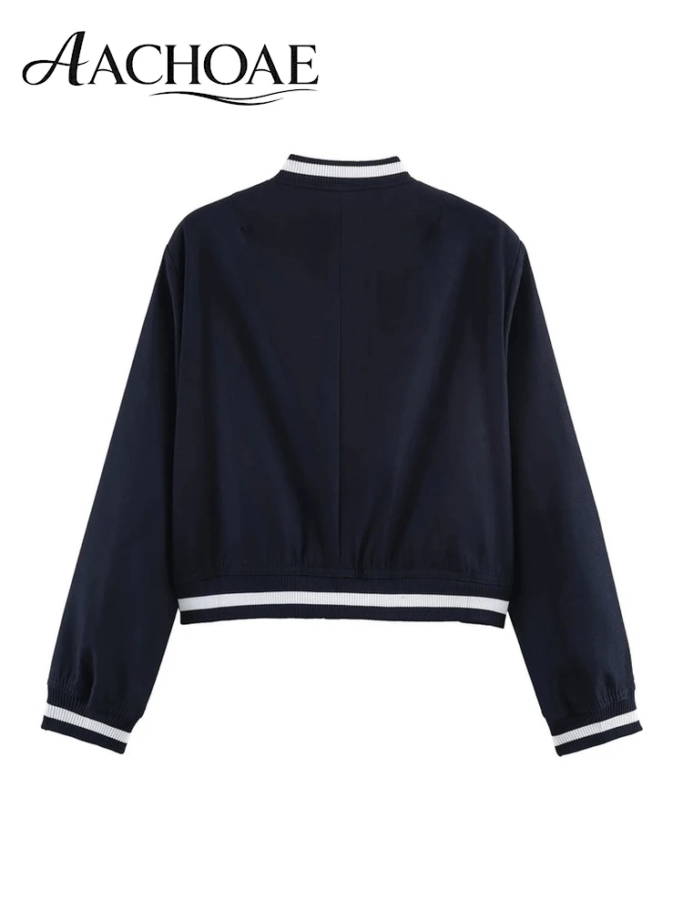 AACHOAE Women's Classic Bomber Jacket Cropped Baseball Jacket Snap Button Rib Knit Casual College Style Outerwear