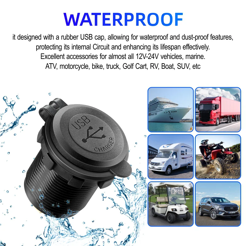 Quick Charge 3.0 Dual USB Fast Car Charger Socket 36W Waterproof 12V/24V Power Outlet with Touch Switch & Led Light Waterproof