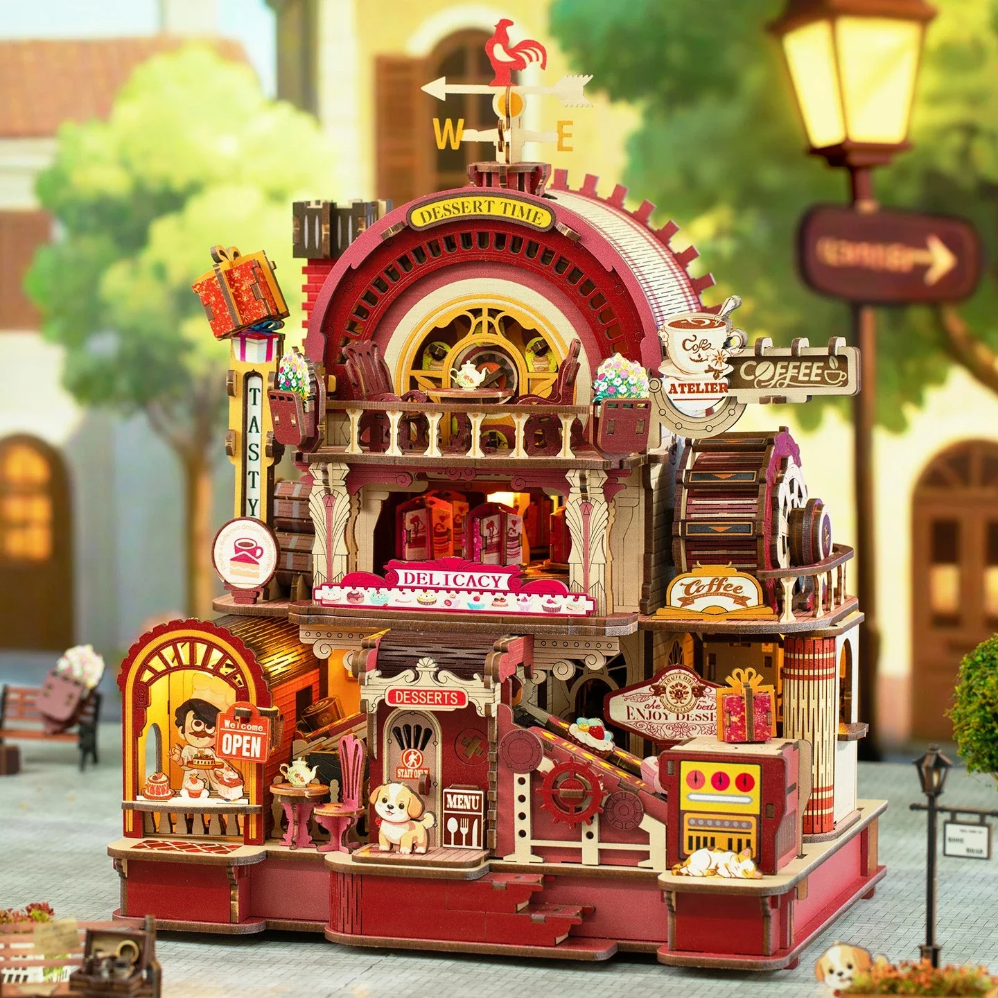 DIY Wooden Dessert Studio Cottage Miniature Dollhouse 3D Puzzle Assembly Rotation Model Kits for Adults Birthday Gift Home Decor