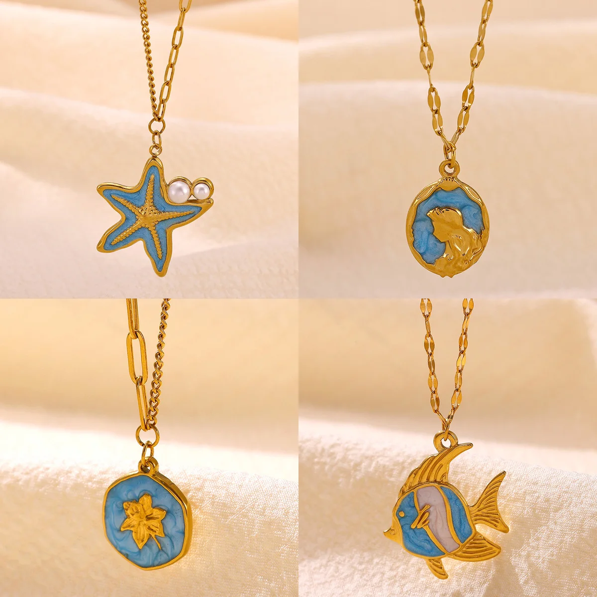 Ozeanblaue Emaille-Halskette für Frauen, Seestern-Fisch-Meerjungfrau-Anhänger-Halsketten, Eleganter Mode-Charm, Wasserdichter Schmuck, Partygeschenk