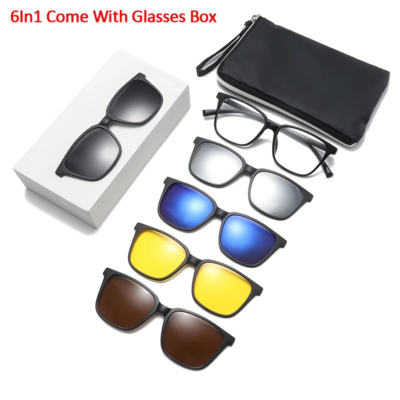 TR90 Magnetic Sunglasses Women Polarized Clip On Sun Glasses Eyeglasses 6 In 1 Sets Glasses Men Frame UV400 Anti-Glare Female