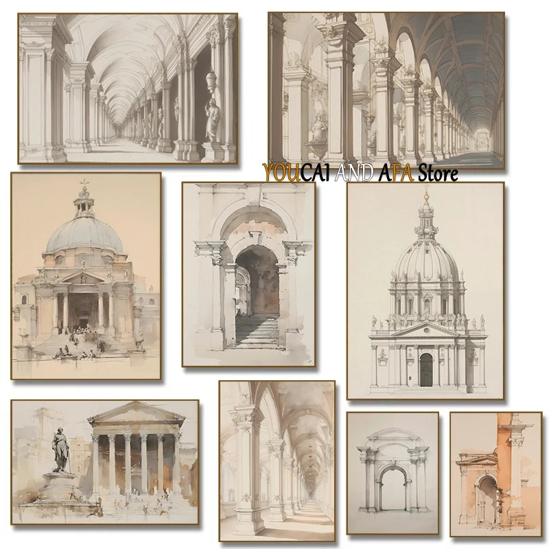 Minimalist Ancient Roma Architecture Classical Architecture Drawing Antique Roman Building Sketch Poster Canvas Painting Decor
