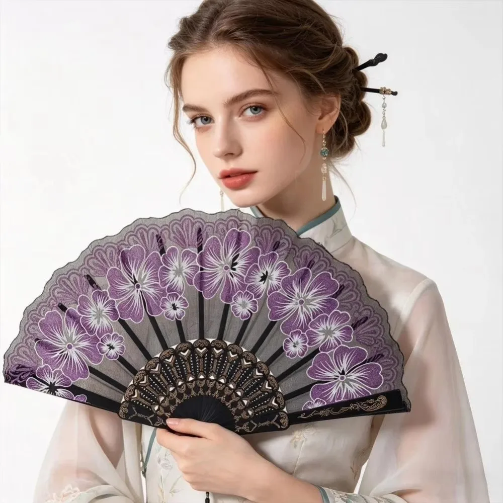 Bamboo Frame Hand Held Fan Chinese Style Hand Painted Design Folding Fan Lightweight Structure Flower Pattern
