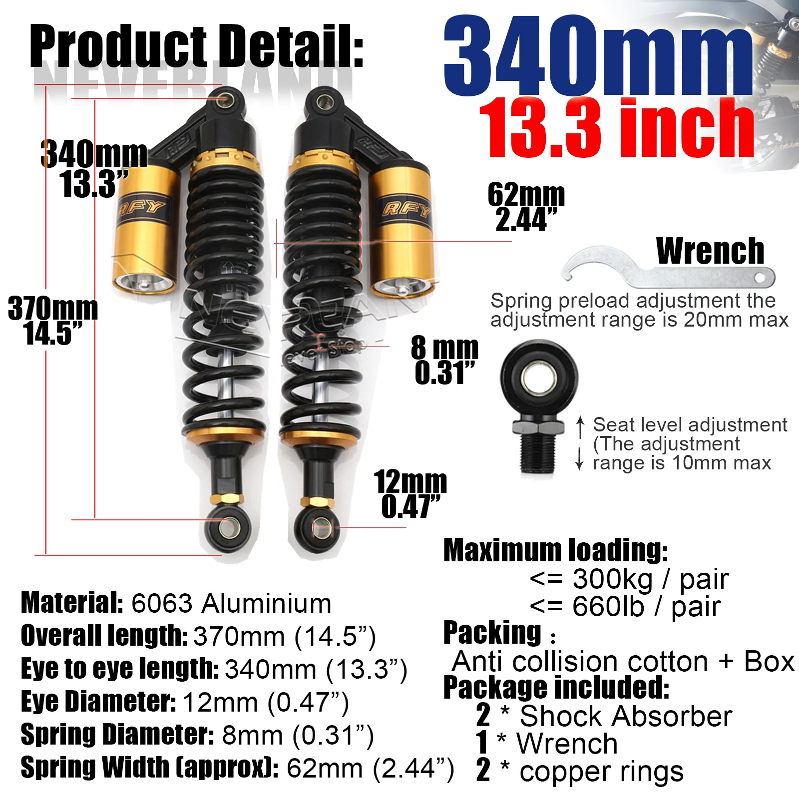 280Mm 320Mm 340Mm 360Mm 380Mm 400Mm 440Mm Motorcycle Air Schokdemper Achterwielophanging atv Quad Scooter Dirt Bike Motor D30