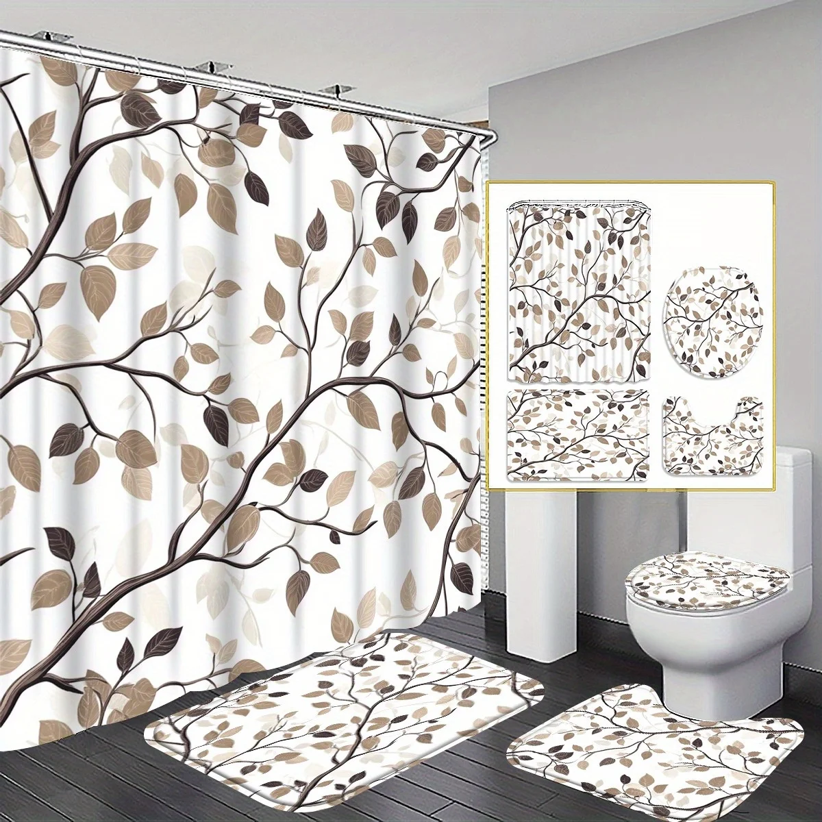 

４pc Leaf pattern bathroom set, includes hooks, shower curtain, non-slip mat, U-shaped mat, and toilet seat cover.