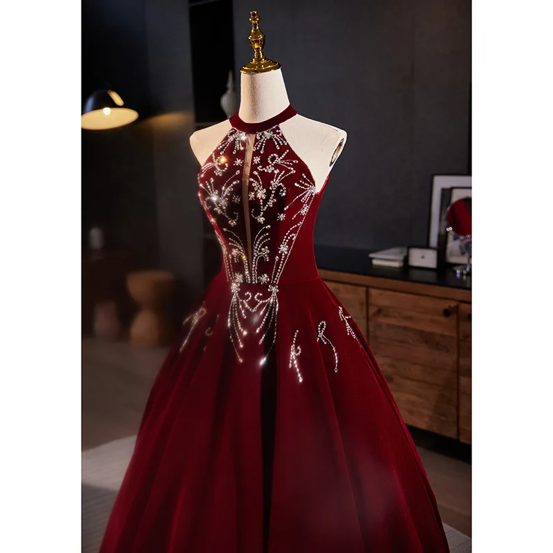 Red Velvet Toast Dress Engagement Banquet Light Luxury Minority Halter Vocal Music Art Pettiskirt