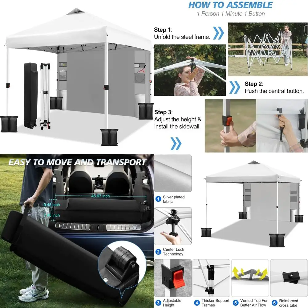 

Instant Pop Up Canopy Tent 10x10, One-Button Setup, with Sidewall and 6 Pockets, Adjustable Height Portable Shelter for Outdoor