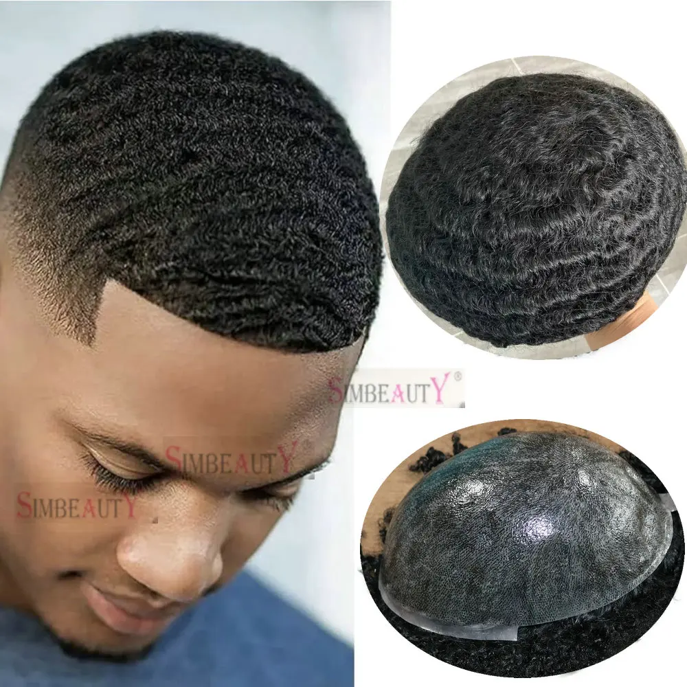 New Men Toupee Afro Toupee For Man Hair African American Human Hair Wig 10mm 8mm 360 Deep Wave Prosthesis Replacement System