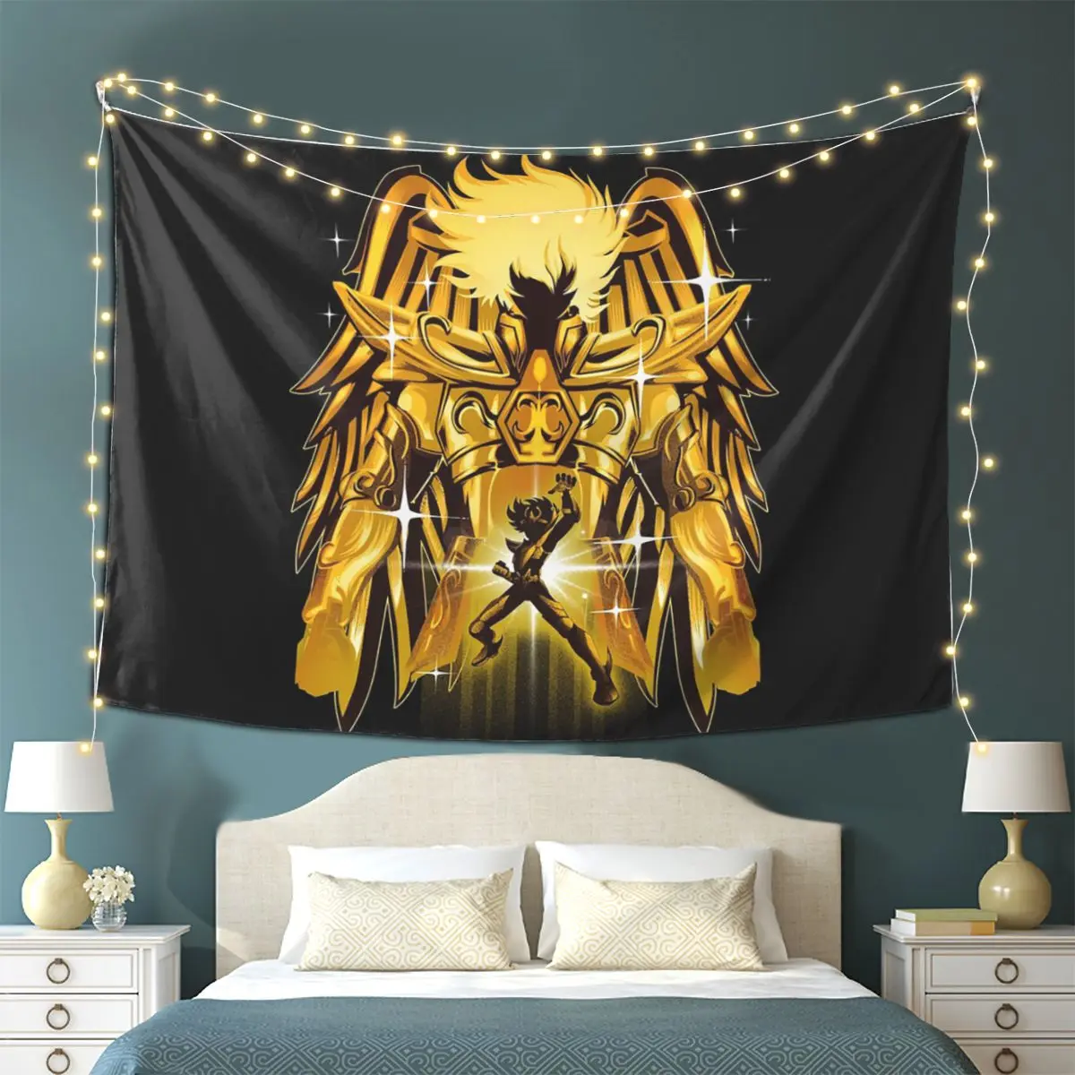 Knights Of The Zodiac Pegasus Gold Tapestry Wall Hanging Aesthetic Home Decoration Tapestries for Living Room Bedroom