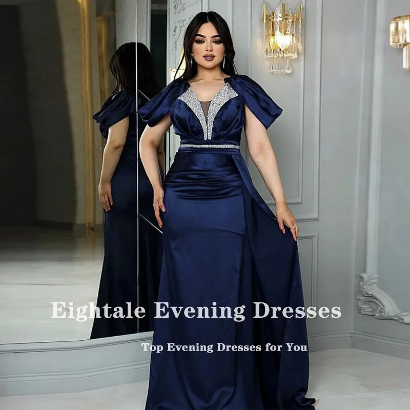 Eightale Navy Blue Evening Dress Beaded Mermaid Prom Wedding  Party Gown Arabic Satin Belt Customized Robe De Soiree