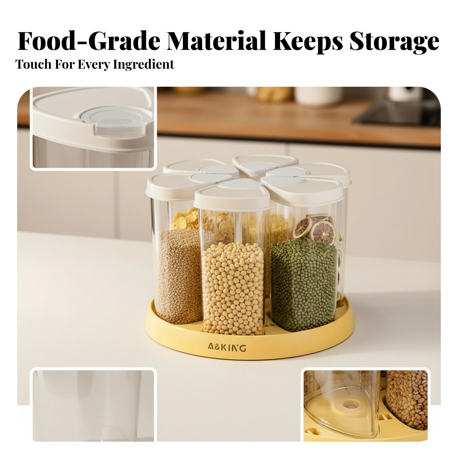 6-Compartment Grain Dispenser Space-Saving Rotating Grain Container Kitchen Storage Easy to Clean