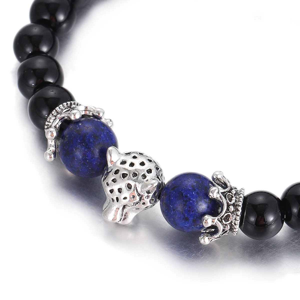 Men Leopard Head Beaded Bracelet Natural Black Onyx Lapis Lazuli Stone Beads Bracelets Energy Protection Bangle Fashion Jewelry