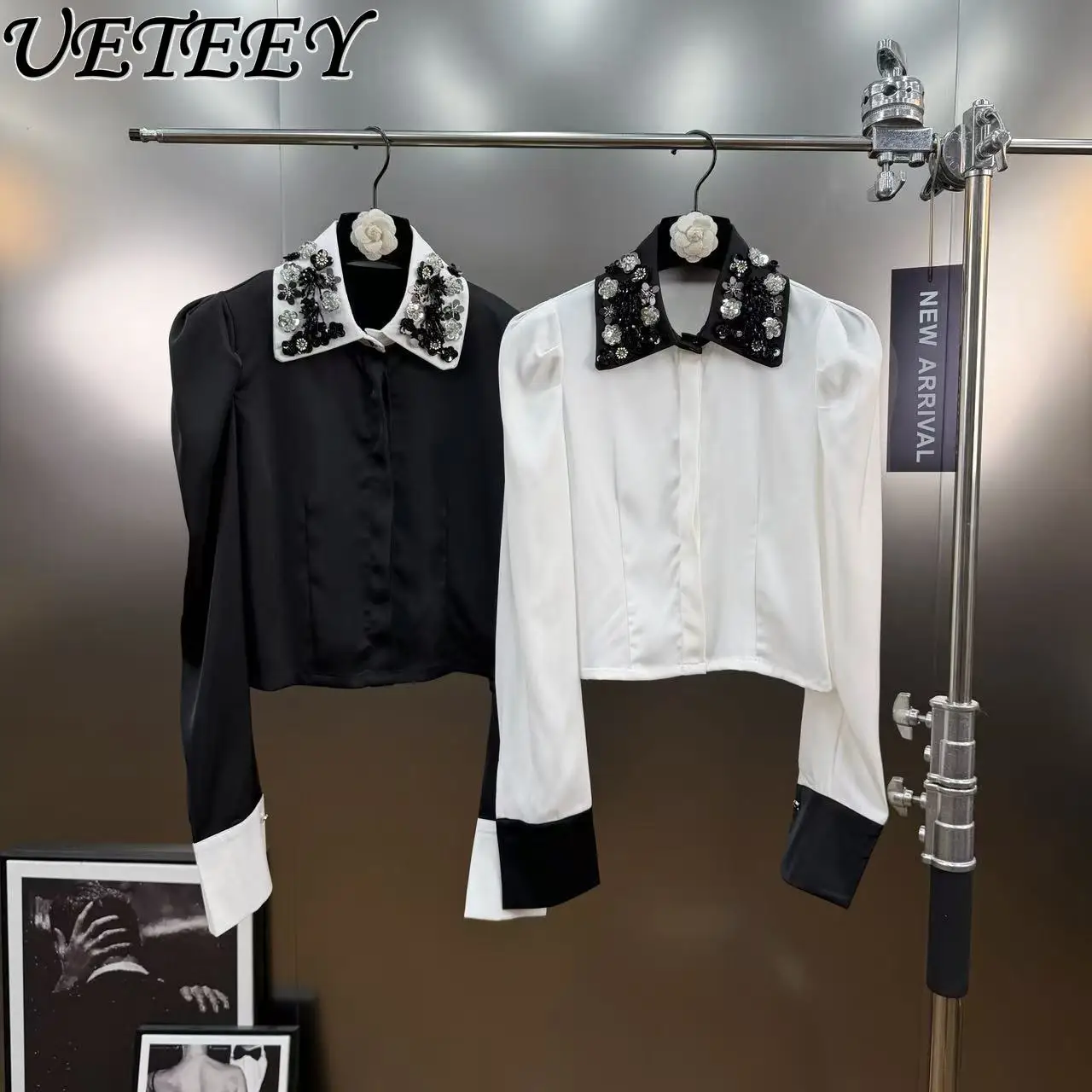 

French Style Girly Elegant Sequin Embroidered Floral Collar Tops Color-Block Heavy Craft Long Sleeve Slimming Short Shirt