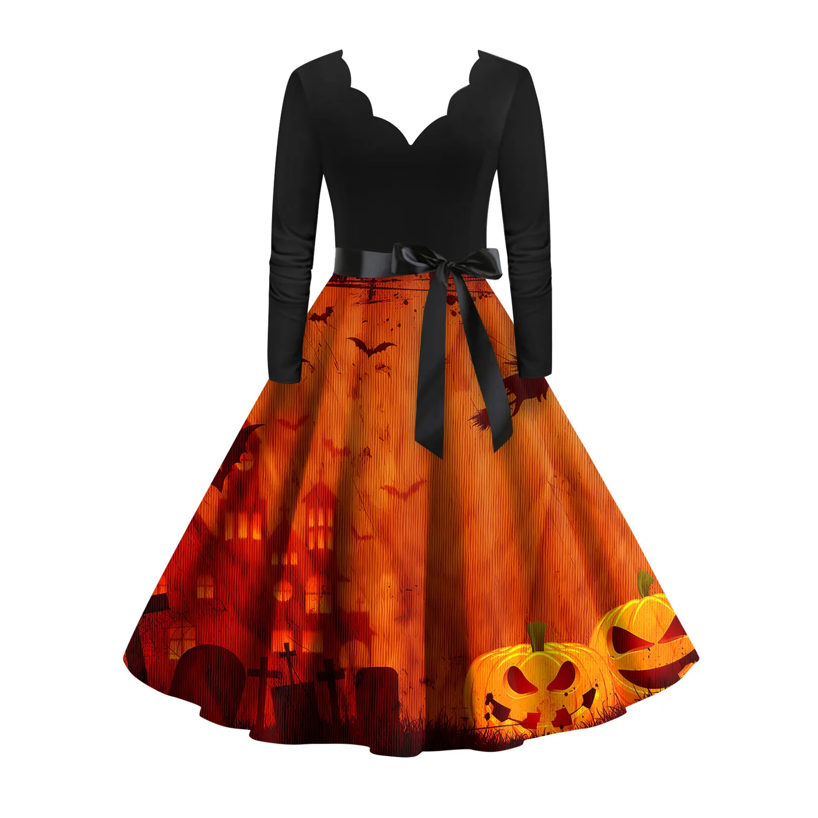 Frauen Retro Kleid klassische Halloween-Print Kleid Kragen Taille Bogen lang ärmel ige V-Ausschnitt Swing Party Kleid Frauen
