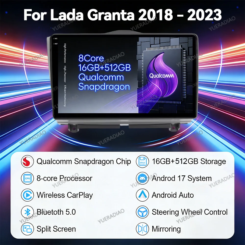 Autoradio Android 17 pour LADA Granta Cross 2018 - 2023 GPS NAVI Lecteur multimédia vidéo Qualcomm 4G WIFI QLED Unité principale BT 2DIN