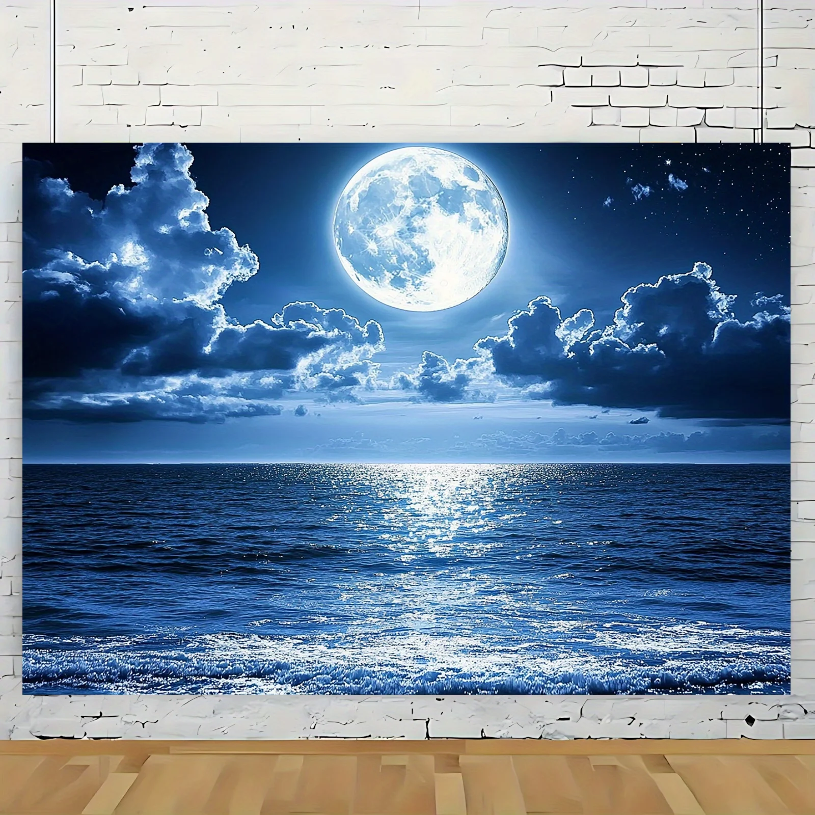 Dramatic Full Moon Ocean Sky Tapestry Art Decoration Blue Cosmic Night Sea Cloud Polyester Wall Hanging Print Decor