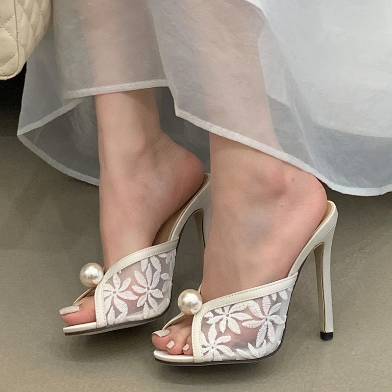 

Aneikeh Elegant Pearl Decoration Women Slippers Fashion Hollow Out Lace Sexy Thin High Heels Peep Toe Banquet Party Ladies Shoes