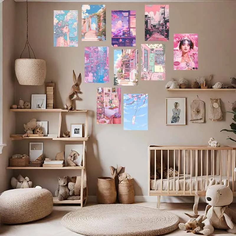 10/30pcs 4x6\'\' Pink Lofi Wall Collage Kit Cartoon Style Poster Cards Teen Girls Y2K Room Decoration Painting Bedroom Dorm Decor